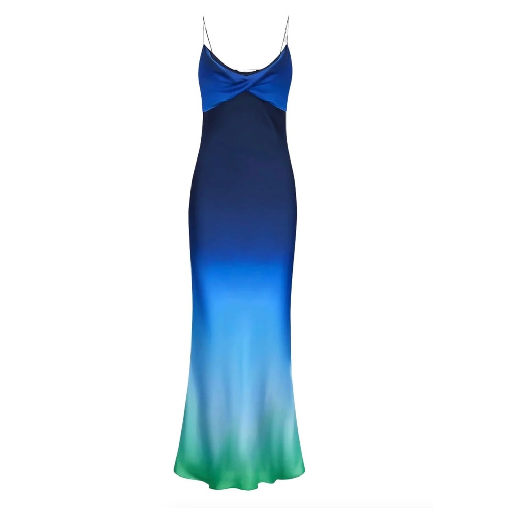 Rat & Boa Ombre Twist Front Spaghetti Strap Satin Maxi Dress in Blue sz XXS